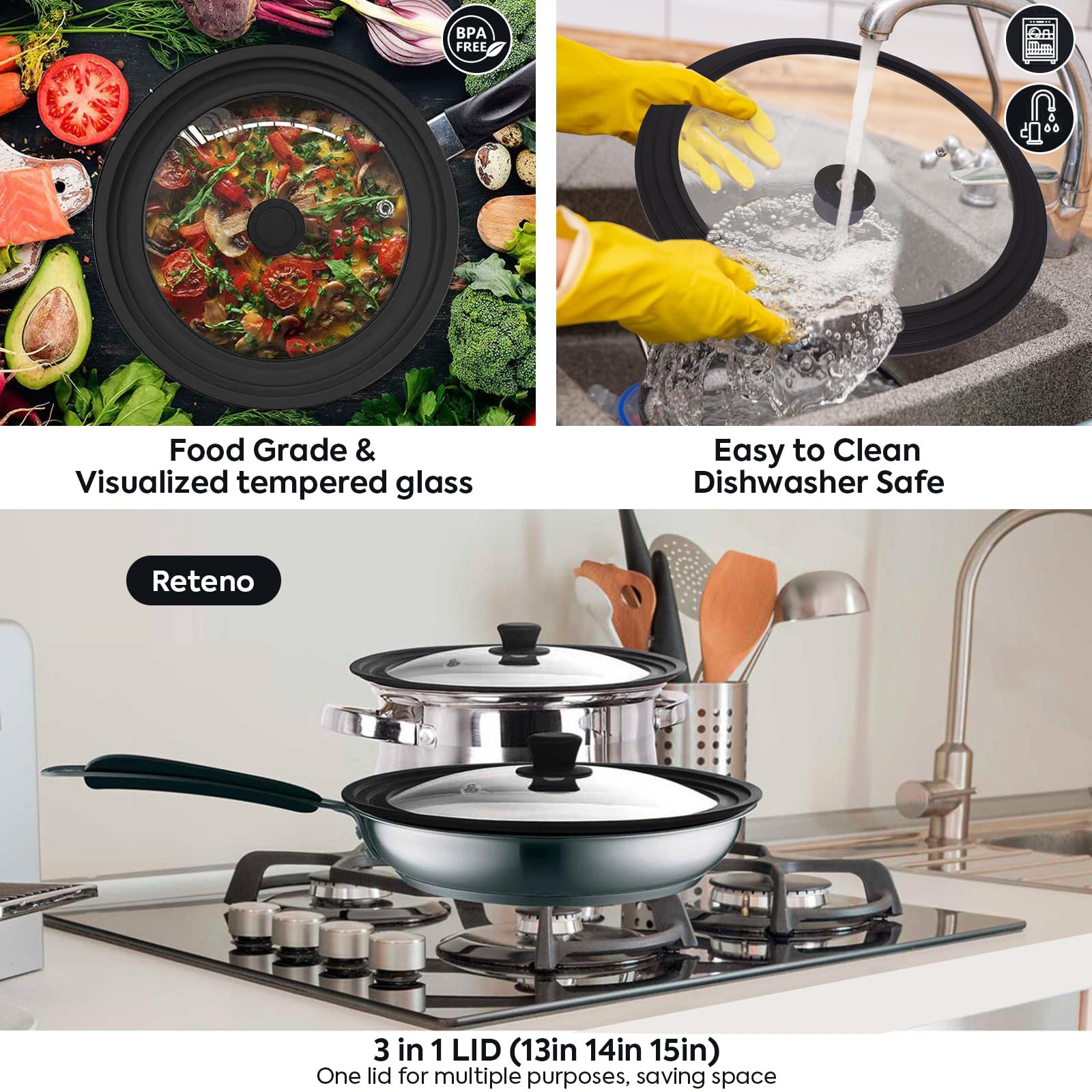 13-14-15in Universal Lid for Pots,Pans,Skillets,Large Replacement Frying Pan Cover,Big Cookware Lids,Tempered Glass with Heat Resistant Silicone Rim,Knob, BPA Free,Dishwasher Safe