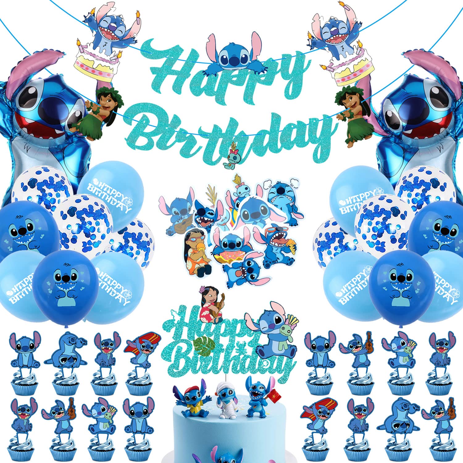 Blue Party Decorations- Cartoon Theme Party Supplies with Banner, Cake Cupcake Toppers, Balloons, Hanging Swirls for Boys Girls Kids Happy Birthday Party Decorations