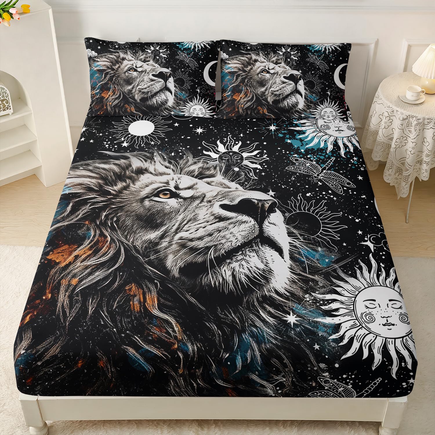 AILONEN Lion Print Twin Size Fitted Sheet Set for Boys, Sun and Moon Bed Sheet Cover Set Twin,3 Pieces Black and White Sheet Set Twin Galaxy Lion Fitted Sheet with 2 Pillowcases