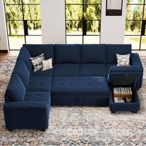 Belffin Modular Sectional Sleeper Sofa with Pull Out Bed U Shaped Sectional Sofa Couch with Storage Ottoman Velvet Covertible 7-Seater Sofa for Living Room Blue