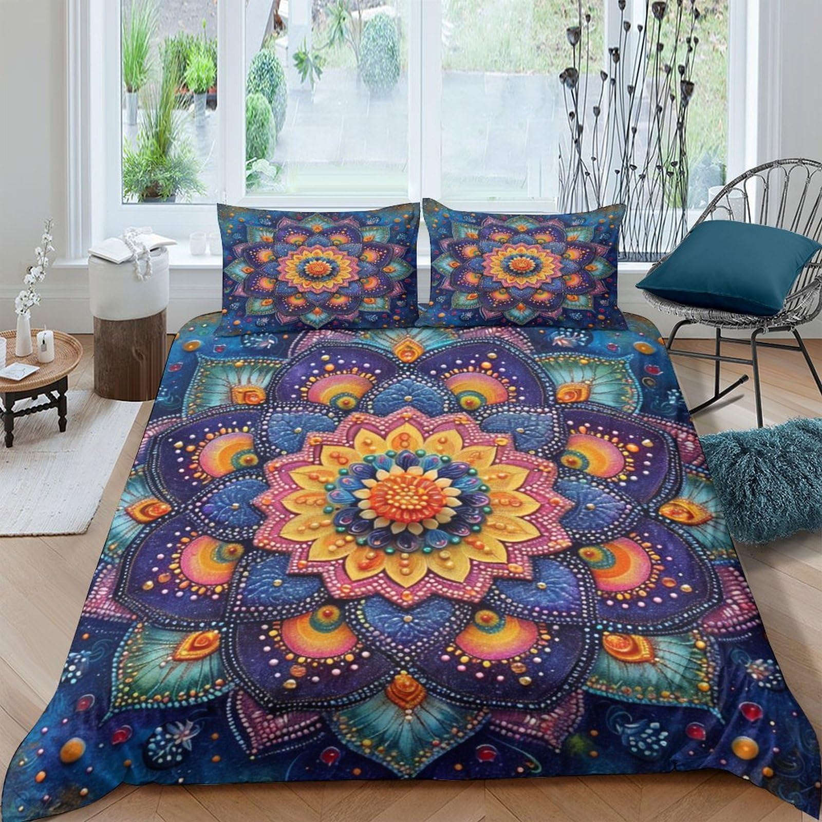 Bohemian Mandala 3D PrintedBeautiful Patterns Comforter Covers Bedding Set Quilt Cover Duvet Cover 3 Pieces for Childrens And Adults Microfiber with Pillowcases with Zipper Closure Queen（228x228cm）