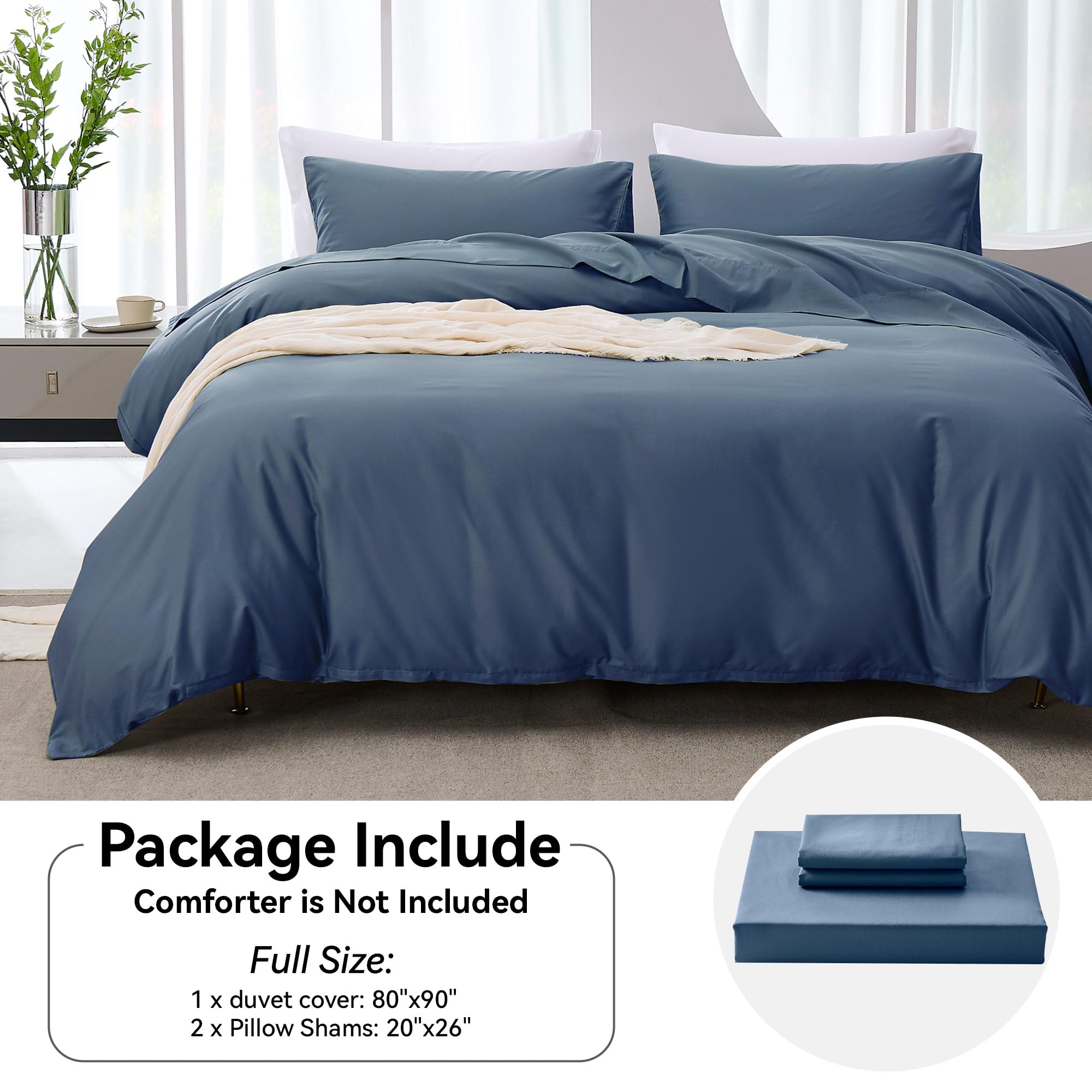 JELLYMONI Duvet Cover Full Size Ultra Soft- Eucalyptus Lyocell Cotton Blend Silky Cooling Comforter Cover Set, Hypoallergenic and Moisture Wicking Breathable Bedding, 3-Piece Set, Indigo