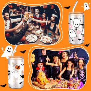 SiliFine 6 Pcs Halloween Drinking Party Glasses 16 oz Ghost Pumpkin Glass Cup with Bamboo Lid and Glass Straw Spooky Can Shaped Beer Glass Bat Mason Jar Glass Cups for Halloween Party Gift