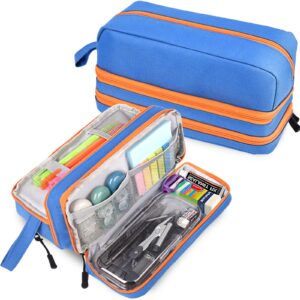 genteen large capacity pencil case,multifunction pencil pouch,pencil bags with zipper 3 compartments pencil case organizer for office adult（blue）