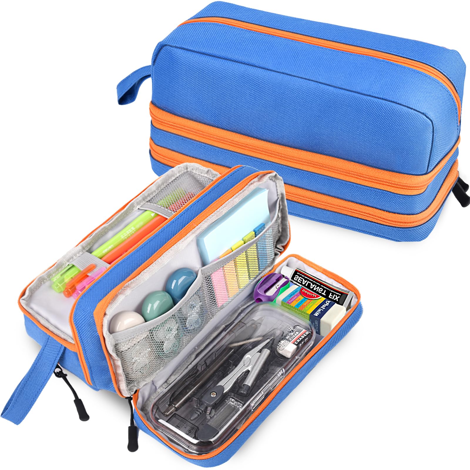 Genteen Large Capacity Pencil Case,Multifunction Pencil Pouch,Pencil Bags with Zipper 3 Compartments Pencil case organizer for Office Adult（Blue）