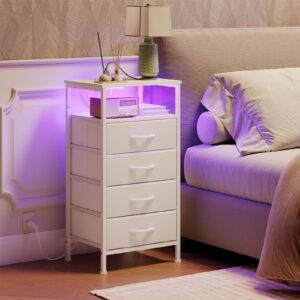 HOOBRO Nightstand with Charging Station and LED Light, End Table with 4 Fabric Drawers, Bedside Table with Outlet and USB Ports, Tall Night Stand for Bedroom, White WT404UDBZ01