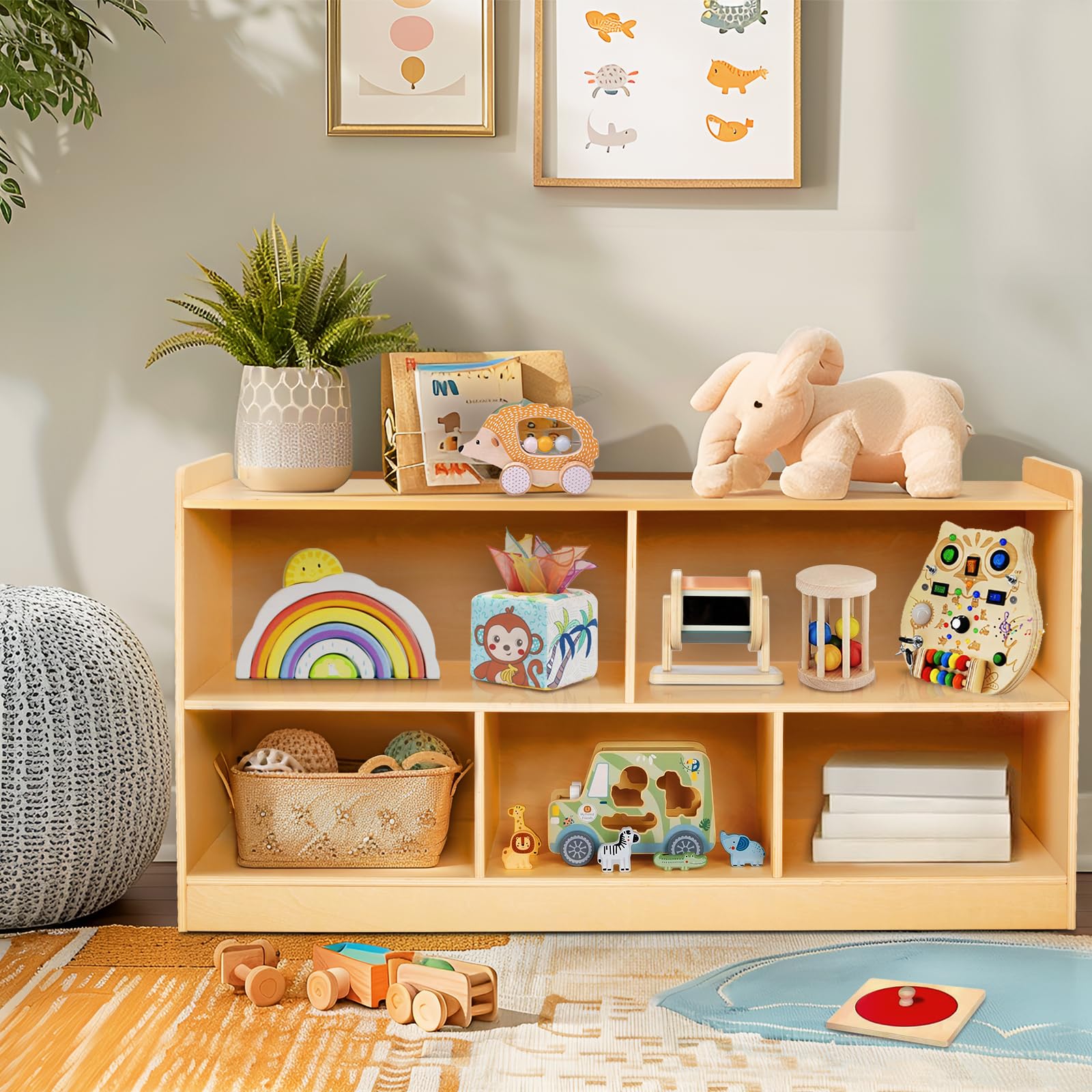 PTINFLUCE Montessori Shelf, Wooden Toy Storage Organizer for Books Toys, 2 Shelf Bookcase, 5-Section Storage Cabinet, Toddler Book Shelf for Kids Rooms, Playroom, Nursery, Kindergarten