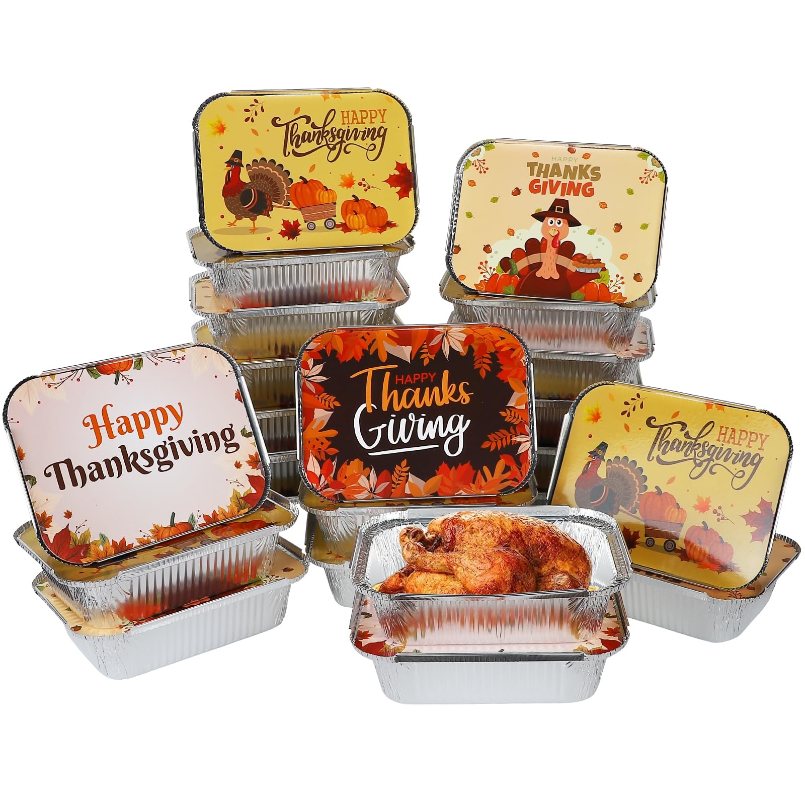 MorTime 40 Pcs Thanksgiving Foil Pans with Lids, Disposable Foil Food Containers with Harvest Themed Cardboard Covers, Aluminum Foil Baking Pan Cake Pans for Cooking, Heating, Roasting