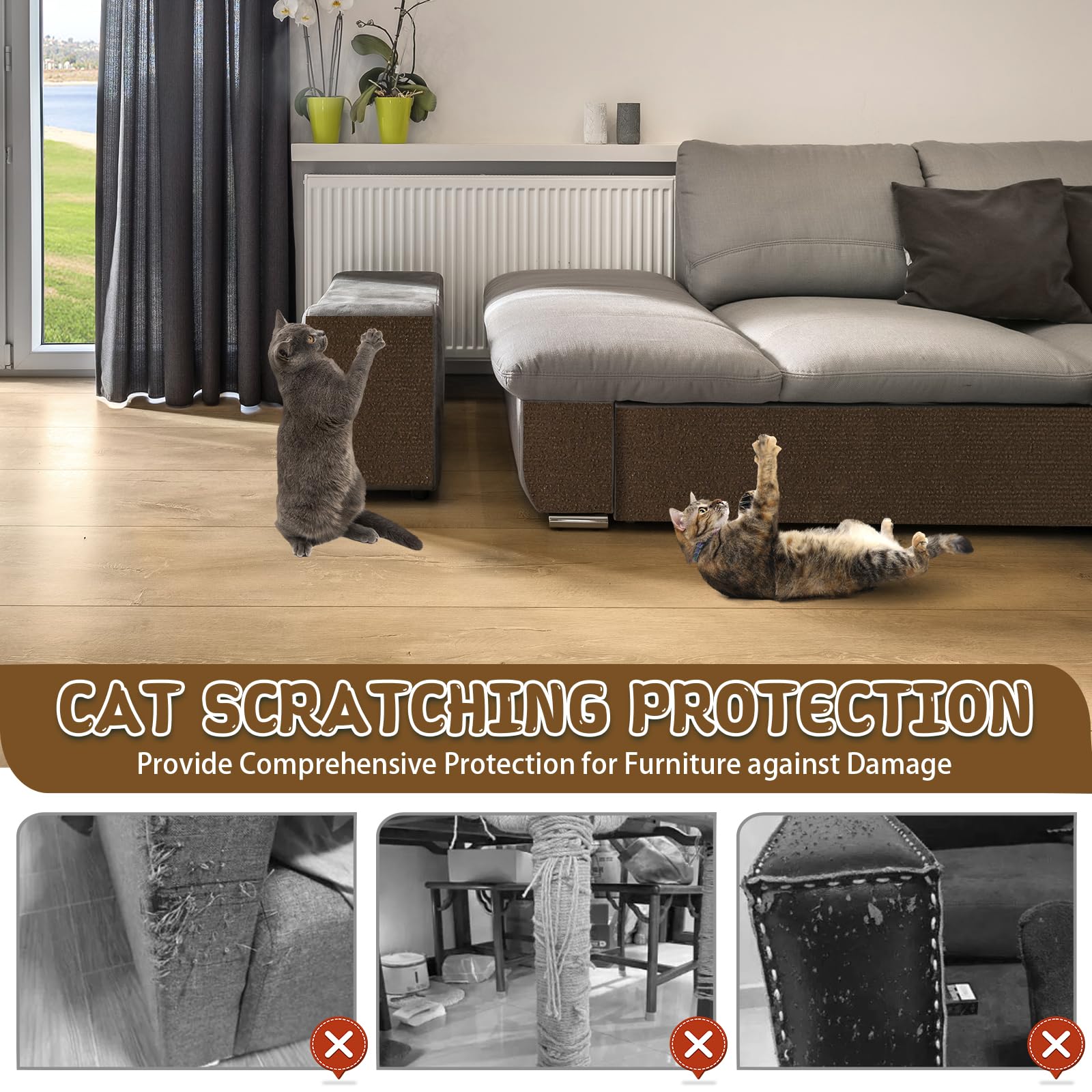 Climbing Cat Scratcher Mat Trimmable Cat Scratching Post Carpet 78.7’’x15.8’’ Self Adhesive Carpet Mat Pad Replacement for Cat Tree Shelves Post Couch Wall Furniture Steps DIY Protector (Brown)