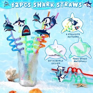 ESAG 110Pcs Shark Party Favors Birthday Supplies, Straws Bubble Wands Slap Bracelet Keychain Tattoo Sticker Toy Gift Baby Kids Boys Shark Valentines Goodie Bag Stuffer Ocean Under the Sea Party Favors