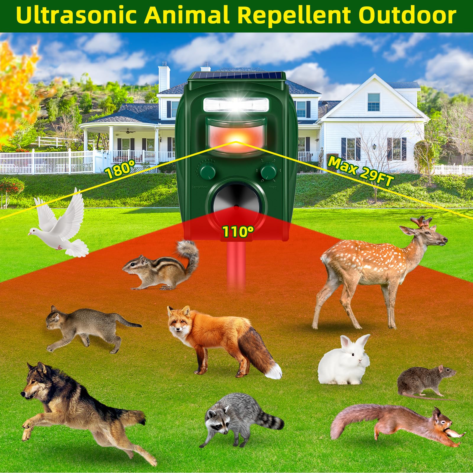 Ultrasonic Animal Repellent Deer Repellent Cat Repellent Outdoor with 5 Frequency Mode & Motion Sensor & Strobe Light Solar Animal Repeller Deterrent Raccoon Repellent Repel Dog Skunk Rabbit Away Yard