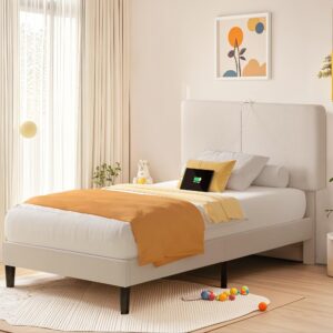 vecelo twin bed frame with type-c & usb ports, upholstered platform height-adjustable cotton and linen headboard, no box spring needed, noise-free, easy assembly, beige