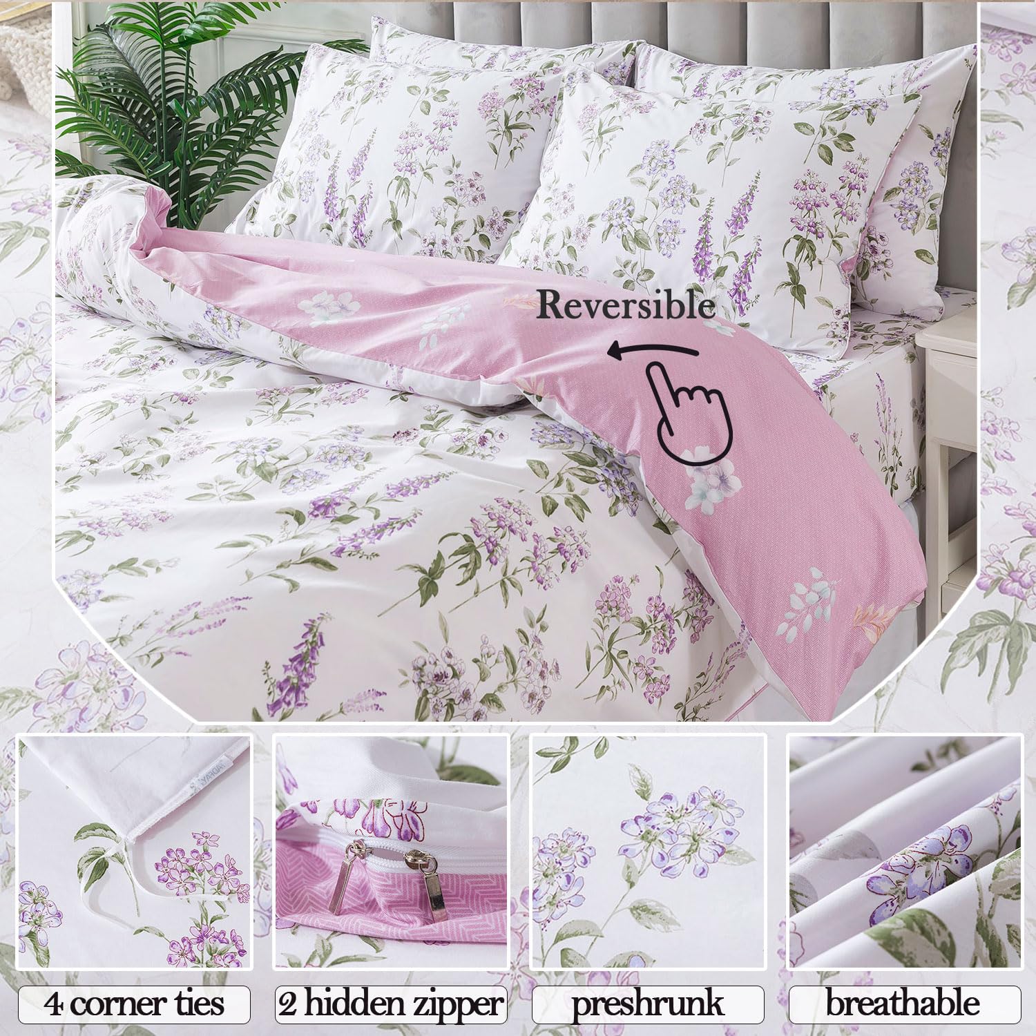 FADFAY Purple White Floral Duvet Cover Sets Queen 100% Cotton Lilac Lavender Reversible Comforter Cover French Country Bedding All Season Soft Crisp Green Leaves Bed Cover with Zipper 3 Pieces