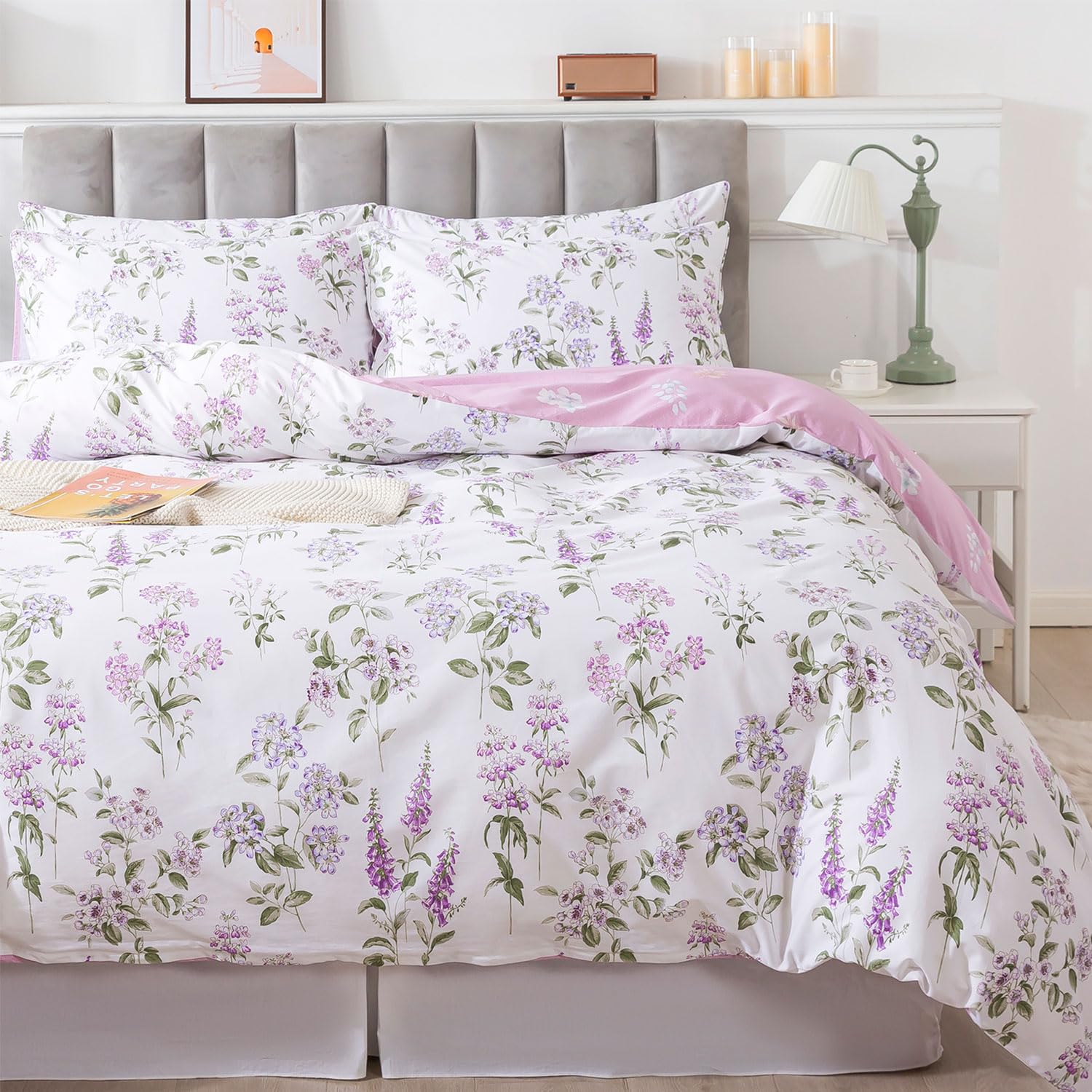 FADFAY Purple White Floral Duvet Cover Sets Queen 100% Cotton Lilac Lavender Reversible Comforter Cover French Country Bedding All Season Soft Crisp Green Leaves Bed Cover with Zipper 3 Pieces