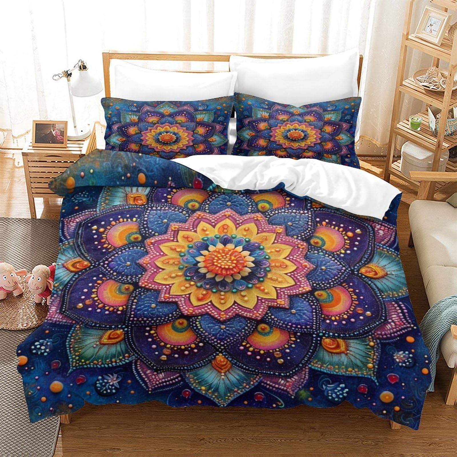 Bohemian Mandala 3D PrintedBeautiful Patterns Comforter Covers Bedding Set Quilt Cover Duvet Cover 3 Pieces for Childrens And Adults Microfiber with Pillowcases with Zipper Closure Queen（228x228cm）