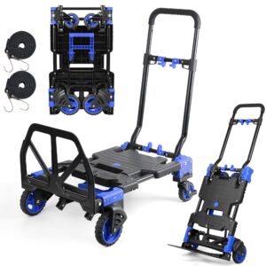 vehidea folding hand truck with wheels, 330lb heavy duty collapsible hand truck folding dolly cart with 4 wheels retractable handle, convertible folding hand cart for moving, travel, shopping, blue