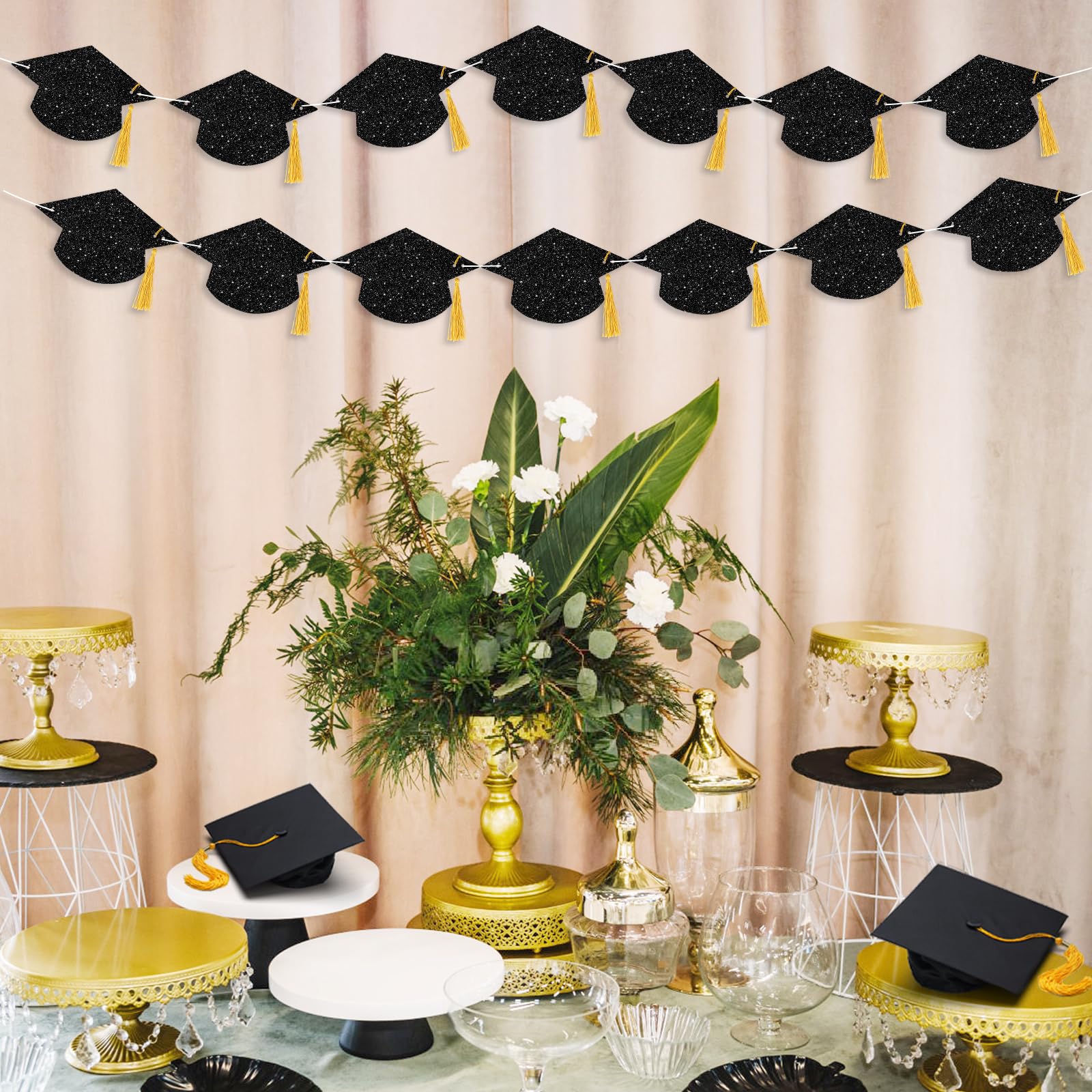 16Pcs Graduation Decorations Class of 2024 Glitter Pre-Strung Congrats Grad Graduation with Tassel Party Congratulations Banner Decor College High School Graduation Party Favors Black