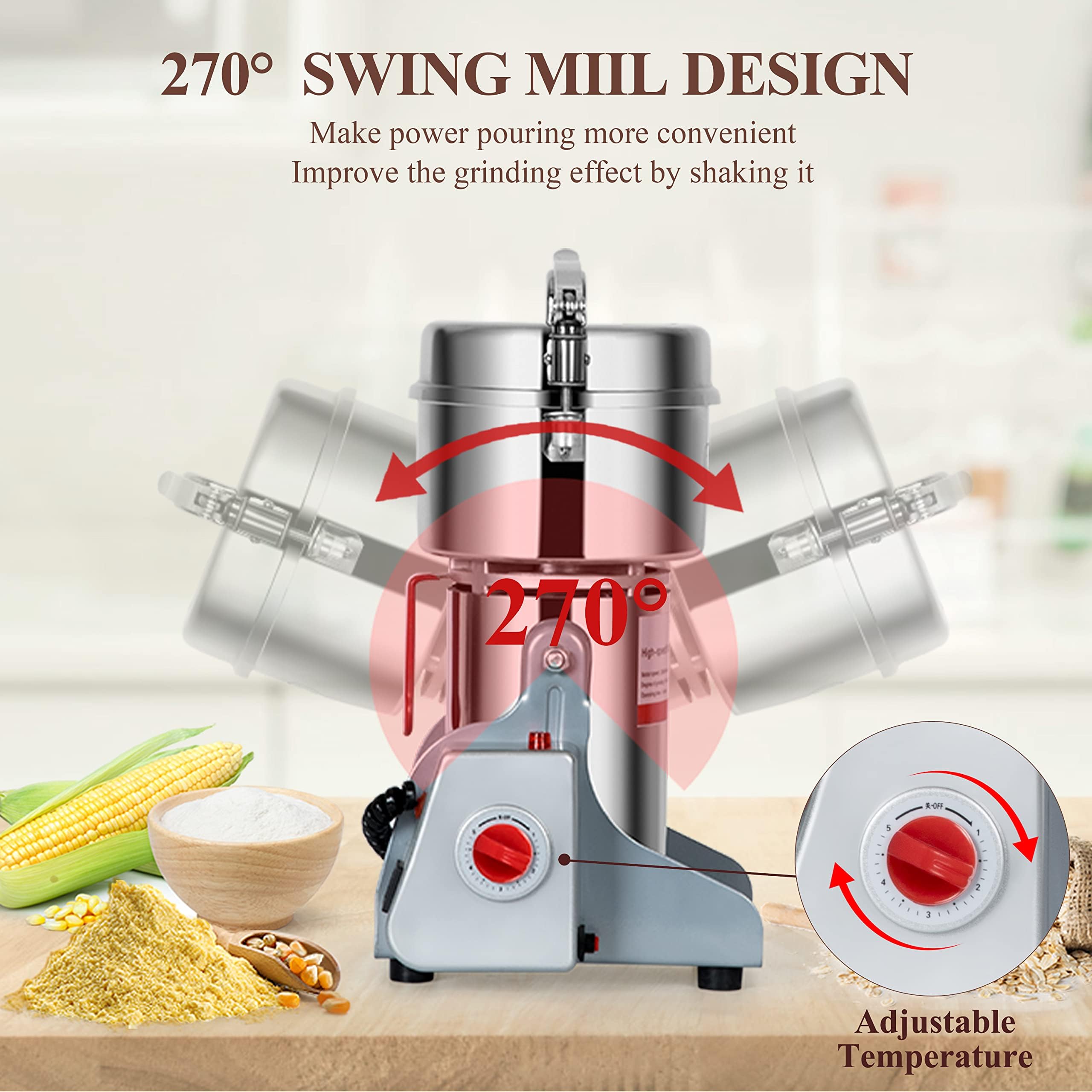 Electric Grain Grinder Mill 750g, Commercial Spice Grinder High Speed 2600W Swing Type 304 Stainless Steel Pulverizer Grinding Machine for Kitchen Dry Spice Herbs Grains Coffee Rice Pepper