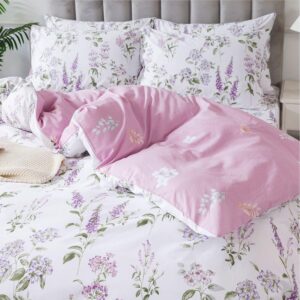 FADFAY Purple White Floral Duvet Cover Sets Queen 100% Cotton Lilac Lavender Reversible Comforter Cover French Country Bedding All Season Soft Crisp Green Leaves Bed Cover with Zipper 3 Pieces