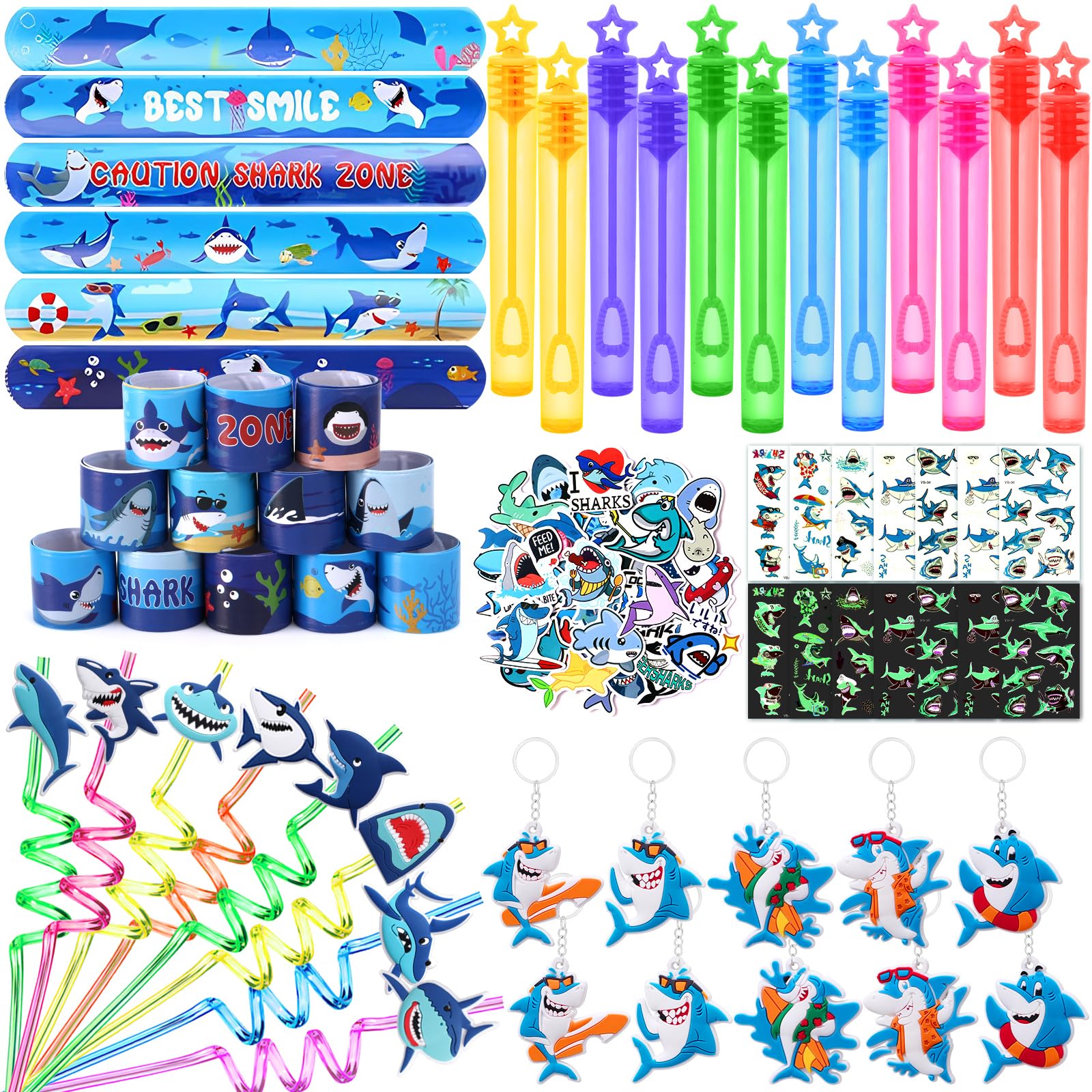 ESAG 110Pcs Shark Party Favors Birthday Supplies, Straws Bubble Wands Slap Bracelet Keychain Tattoo Sticker Toy Gift Baby Kids Boys Shark Valentines Goodie Bag Stuffer Ocean Under the Sea Party Favors