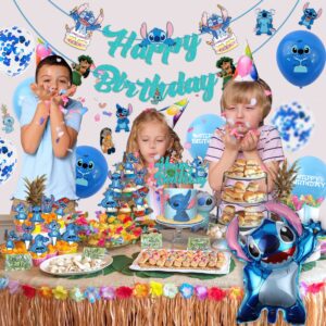 Blue Party Decorations- Cartoon Theme Party Supplies with Banner, Cake Cupcake Toppers, Balloons, Hanging Swirls for Boys Girls Kids Happy Birthday Party Decorations