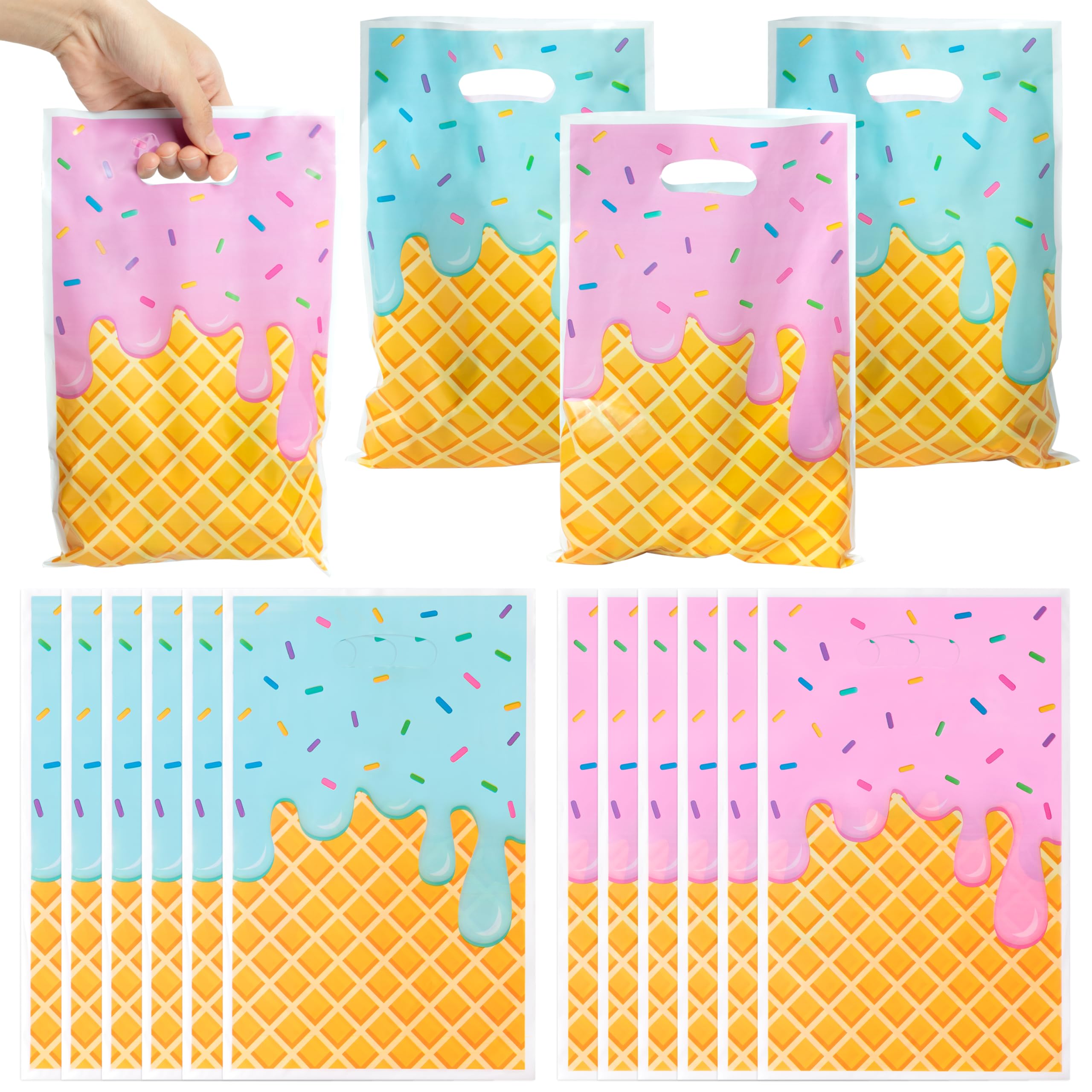 ArowlWesh Ice Cream Party Favor Bags - 50Pcs Plastic Sweet Ice Cream Candy Treat Gift Bag with Handles Cute Snack Goodie Bags Summer Ice Cream Theme Birthday Party Supplies Baby Shower Wedding Decor