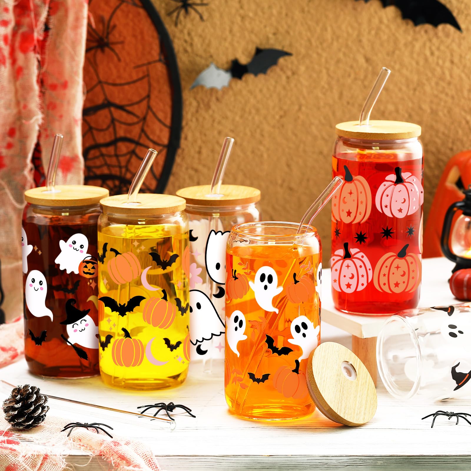 SiliFine 6 Pcs Halloween Drinking Party Glasses 16 oz Ghost Pumpkin Glass Cup with Bamboo Lid and Glass Straw Spooky Can Shaped Beer Glass Bat Mason Jar Glass Cups for Halloween Party Gift