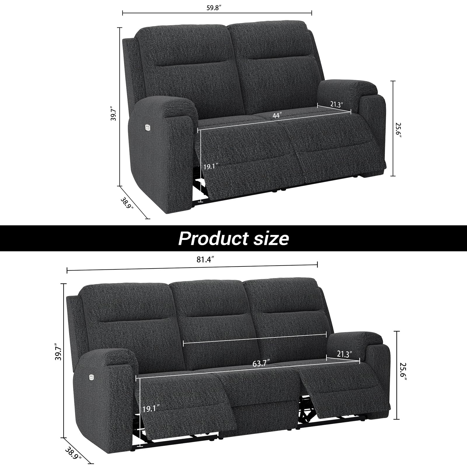 LARMACE Power Recliner Sofa and Loveseat Set Upholstered 2 Piece Reclining Couch with Overstuffed Armrest and Backrest Electric Recliner Sofa Couch Sets for Living Room, Dark Grey