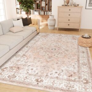 capaloca machine washable 5x7 area rugs for living room vintage rugs carpet rugs non slip low pile water repellent soft print pattern for bedroom indoor decor polyester rug pink