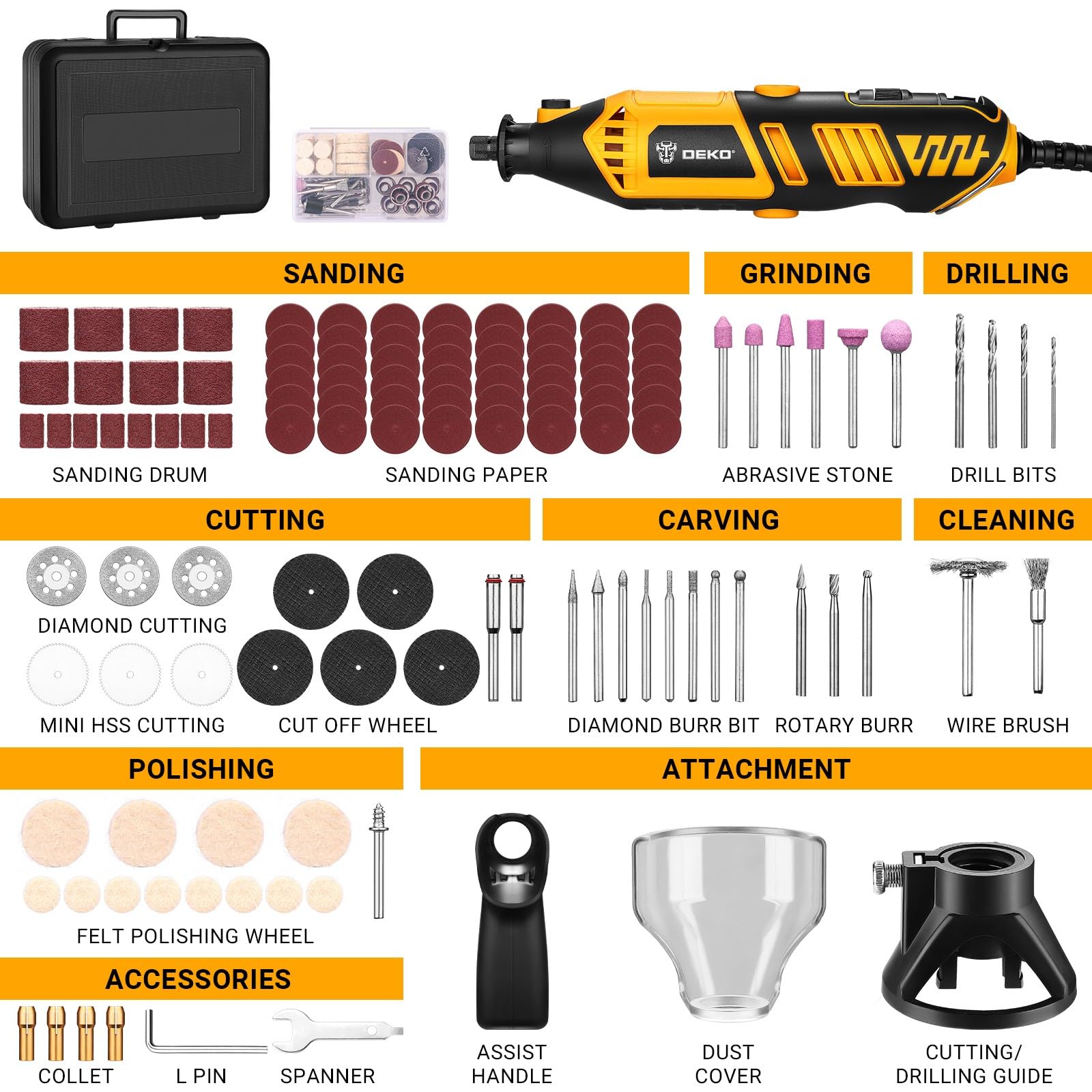 Rotary Tool Kit: DEKOPRO Power Hand Rotary Tools Mini for Wood/Metal, Electric Grinder Drill Machine Set with Flex Shaft for Carving, Cutting, Sanding, Grinding, Polishing, Engraving