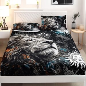 AILONEN Lion Print Twin Size Fitted Sheet Set for Boys, Sun and Moon Bed Sheet Cover Set Twin,3 Pieces Black and White Sheet Set Twin Galaxy Lion Fitted Sheet with 2 Pillowcases