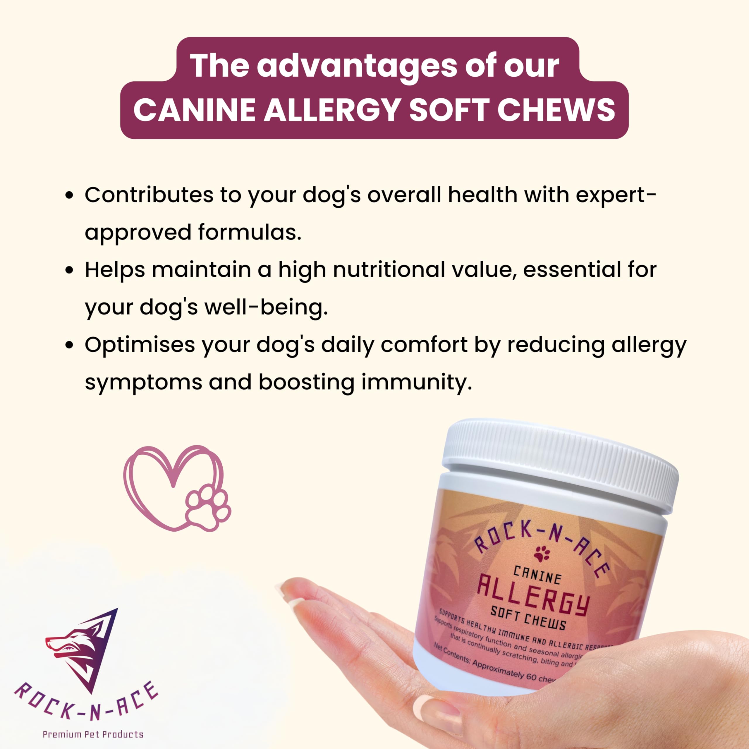 Rock-N-Ace Canine Soft Allergy Chews for Dogs - 60 Count - Premium Ingredients, Made in USA - Vet Recommended - Helps Combat Allergies & Immune Issues