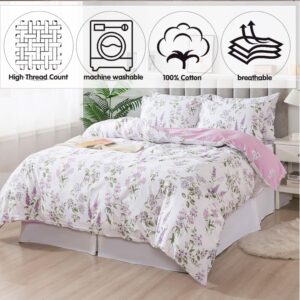 FADFAY Purple White Floral Duvet Cover Sets Queen 100% Cotton Lilac Lavender Reversible Comforter Cover French Country Bedding All Season Soft Crisp Green Leaves Bed Cover with Zipper 3 Pieces