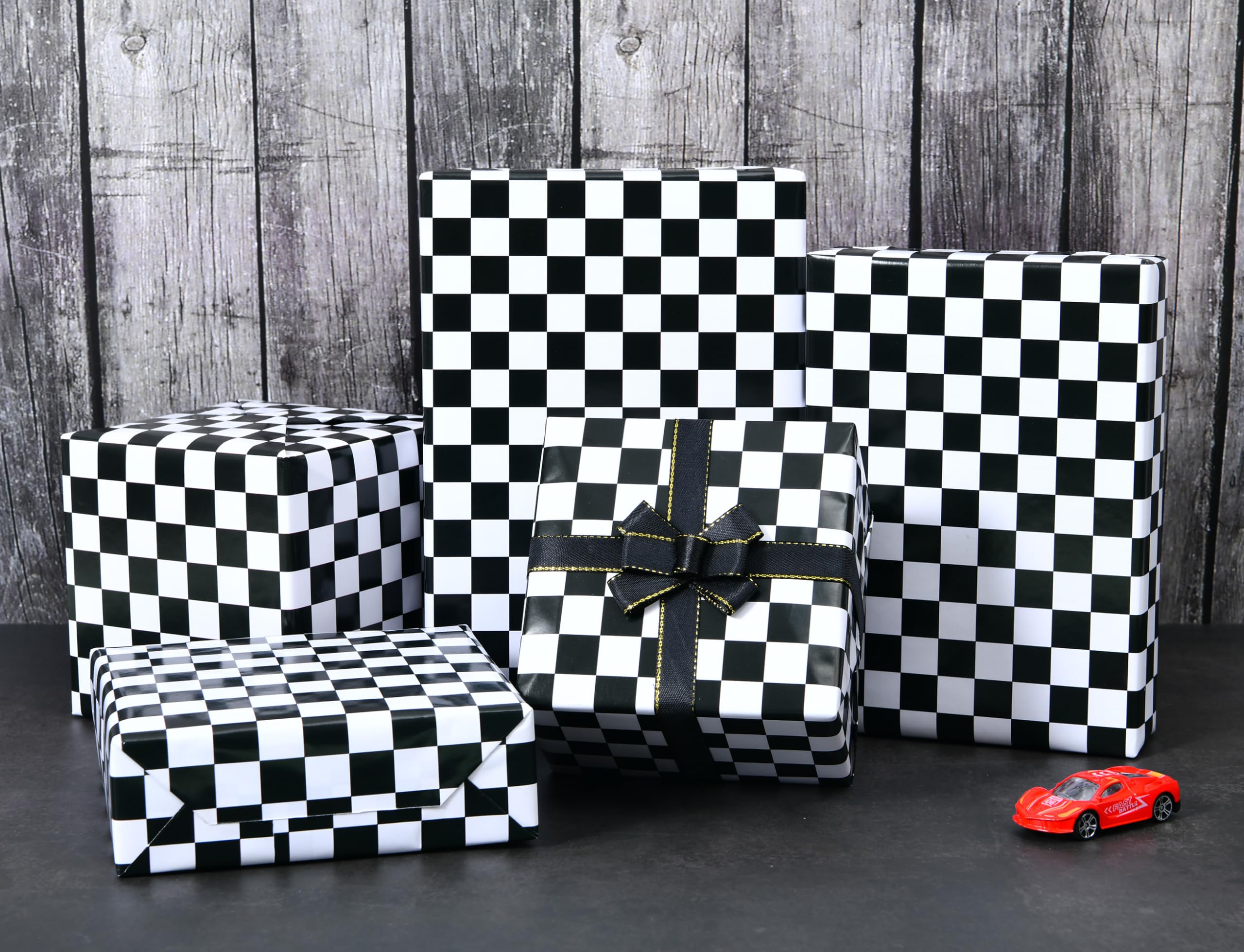 Titiweet Checkered Flag Wrapping Paper - Race Car Wrapping Paper for Boys Girls, 4 Large Sheets Cars Wrapping Paper for Birthday Christmas Holiday, 39.4 x 27.6 Inches Per Sheet (Race Car)