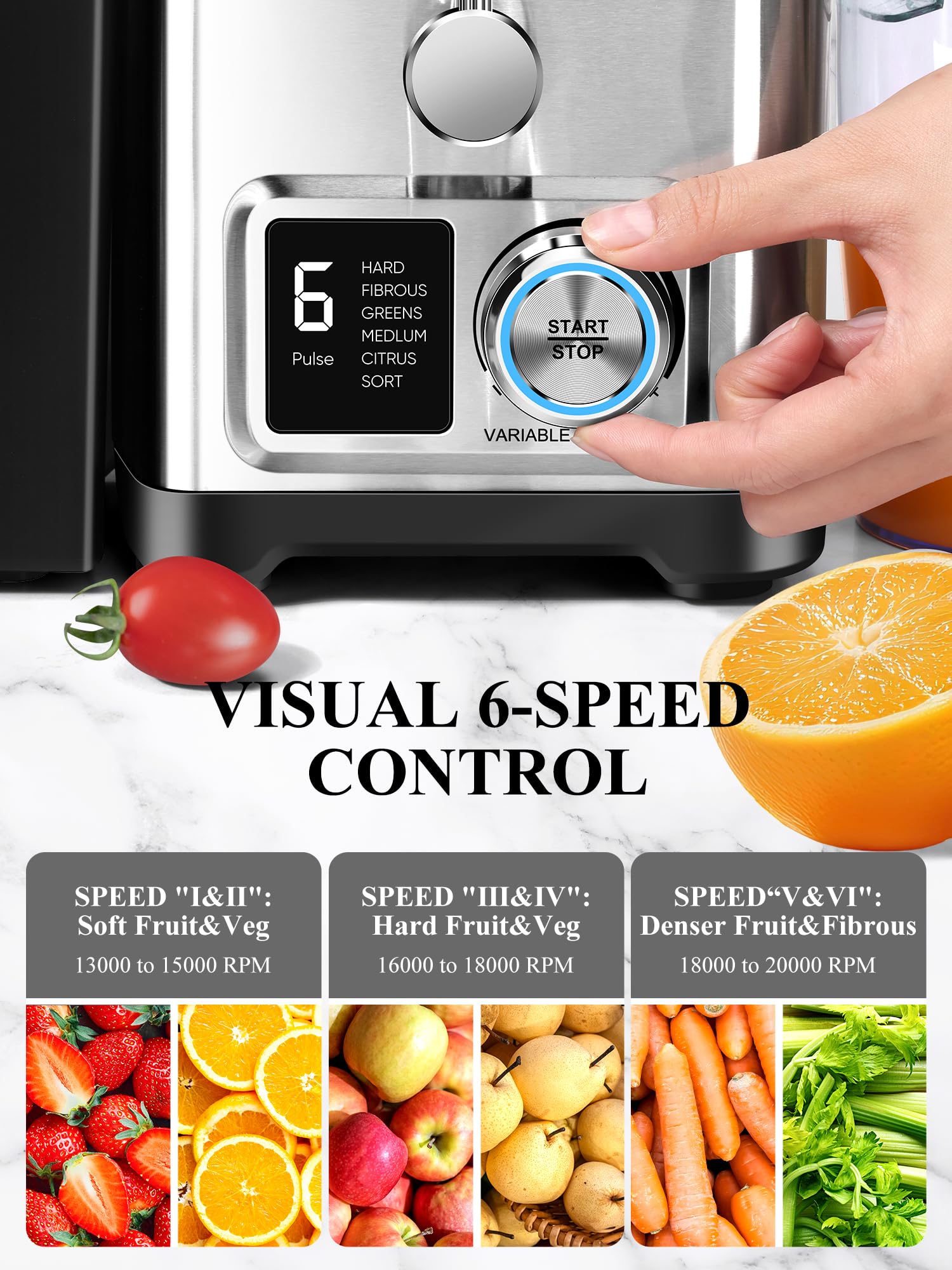 1100W 6-SPEED Digital Screen Centrifugal Juicer Machines Vegetable and Fruit, Healnitor Juice Extractor with 3.5" Big Wide Chute, Easy Clean, Anti-Drip Function, BPA-Free, Silver