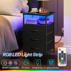 HOOBRO Nightstand with Charging Station and LED Light, Bedside Table with 3 Fabric Drawers, Night Stand with USB Ports and Outlet, End Table for Bedroom, Dorm, Black BB403UDBZ01