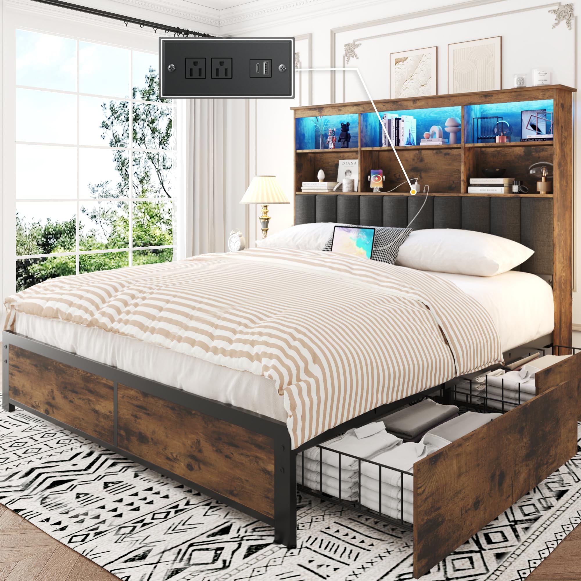 Lifezone Queen Bed Frame with Headboard, Queen Bed Frame with High Storage Bookcase Headboard,4 Storage Drawers & Charging Station & LED,No Box Spring Needed/Noise Free/All-Metal Support,Vintage Brown