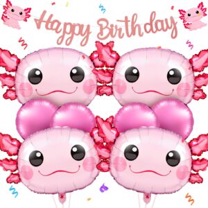 trandraft 9 pcs axolotl birthday decorations pink inflatable axolotl party supplies include 4 pcs aluminum foil axolotl balloons 4 round balloons and 1 axolotl happy birthday banner for themed party