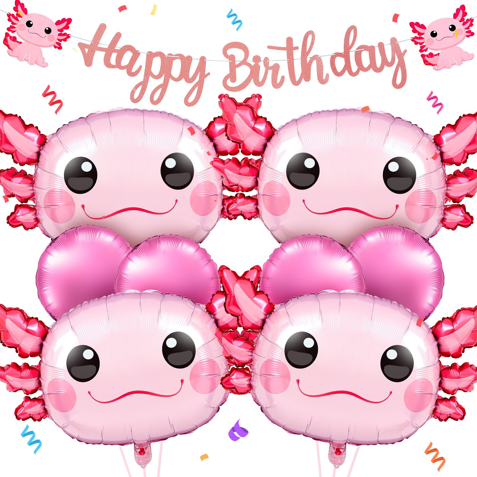 Trandraft 9 Pcs Axolotl Birthday Decorations Pink Inflatable Axolotl Party Supplies Include 4 Pcs Aluminum Foil Axolotl Balloons 4 Round Balloons and 1 Axolotl Happy Birthday Banner for Themed Party