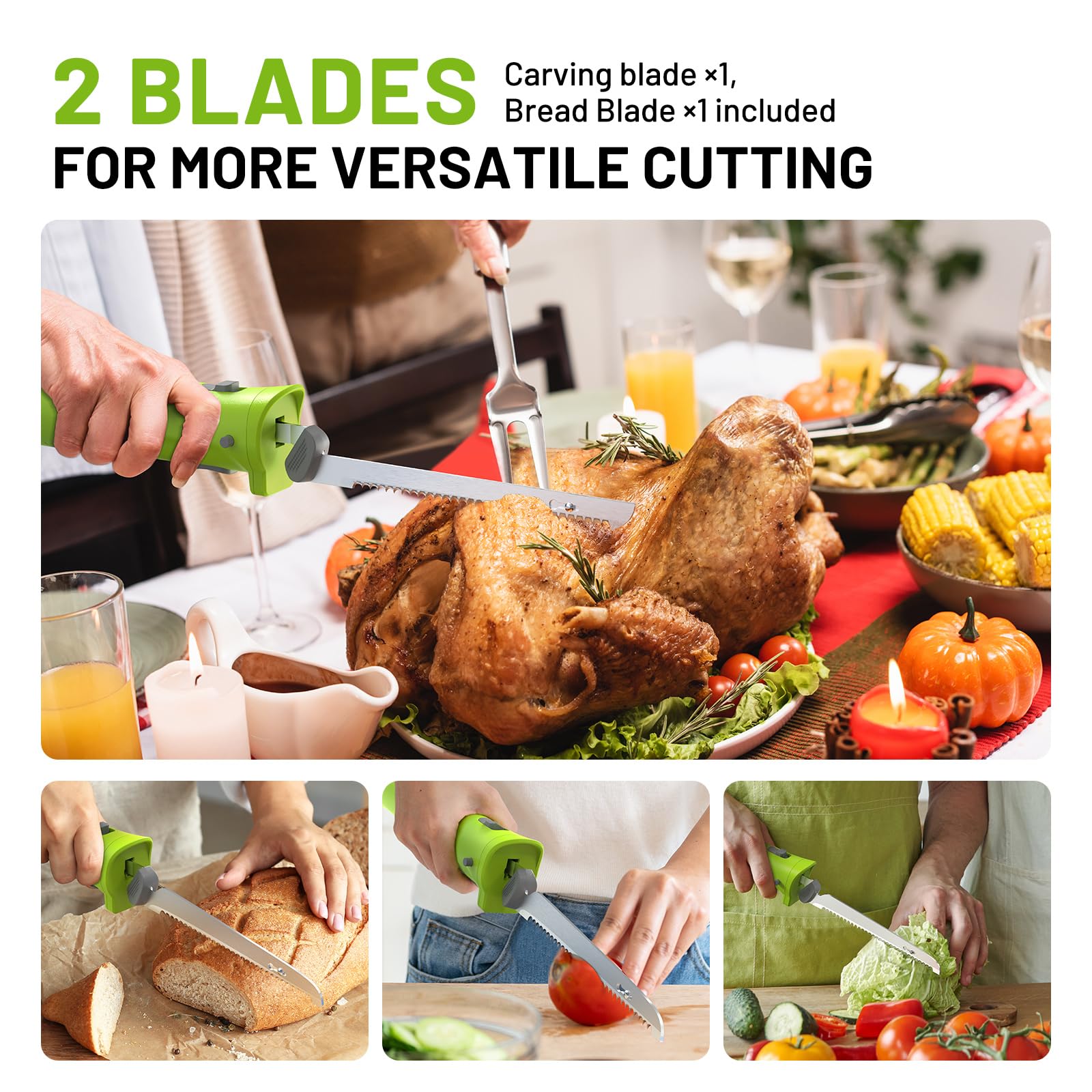 Eyoyofishcam Cordless Electric Knife, Rechargeable Battery Powered Knife w/ 2 Reciprocating Serrated Stainless Steel Blades, for Carving Meat Turkey Fish Fillet Bread Slicing Cutting