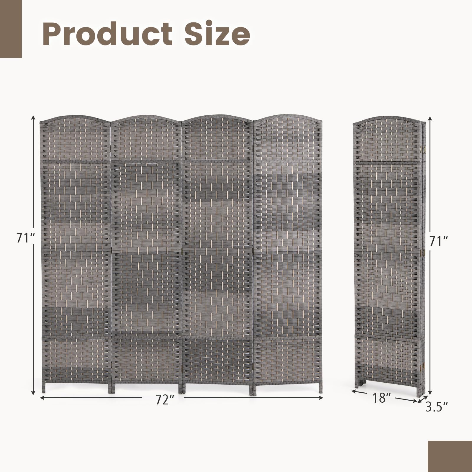 Giantex Room Divider 4 Panel, 6FT Tall Folding Privacy Screen with Solid Wood Frame, Hand-Woven Texture, Fully Assembly, Freestanding Wall Partition Room Dividers for Bedroom Office Patio