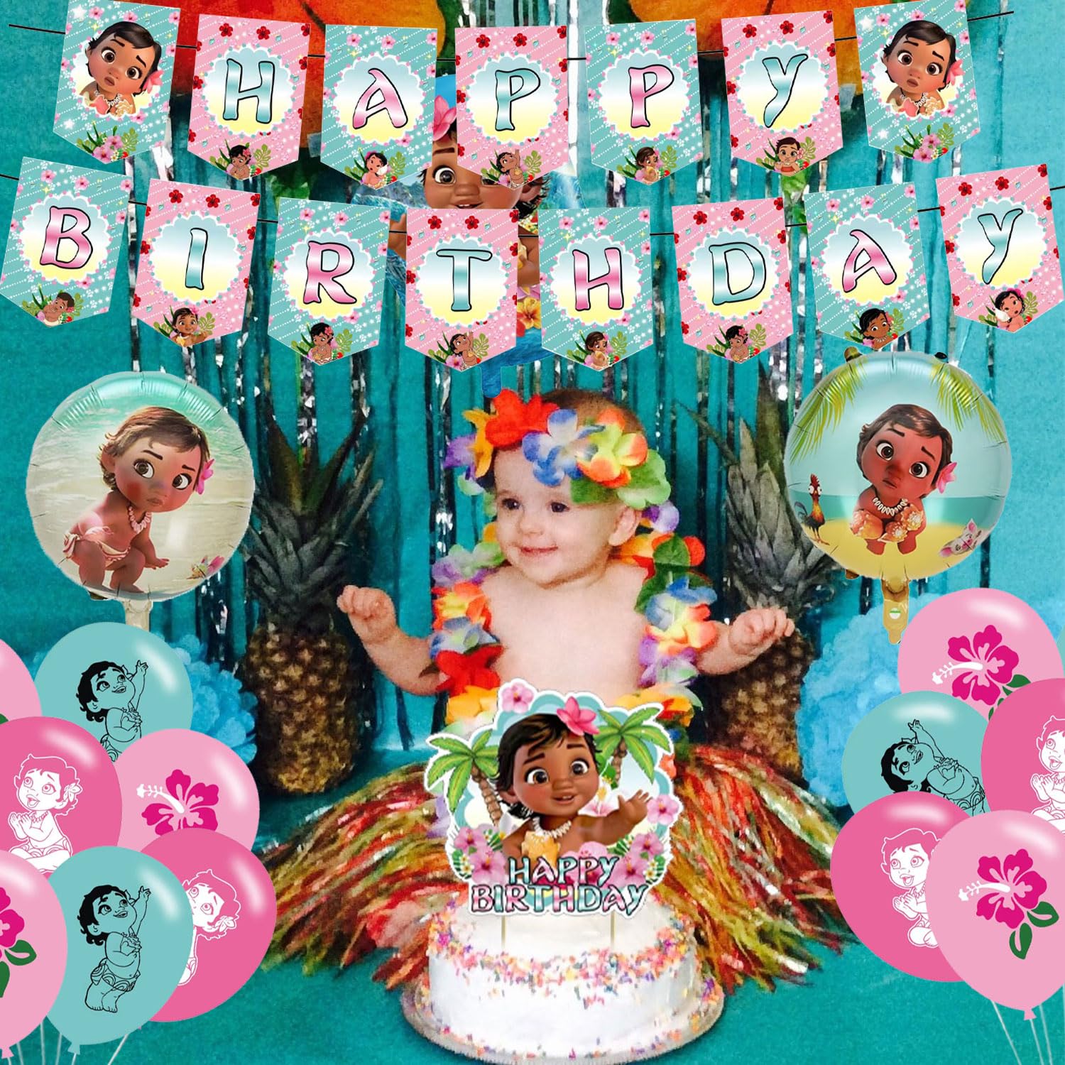 Generic Baby Moana Birthday Party Decorations, Moana Princess Theme Party Supplies set with Banner, Cake Cupcake Toppers, Foil Balloons for Kids Girls Fans Birthday Baby Shower Decorations