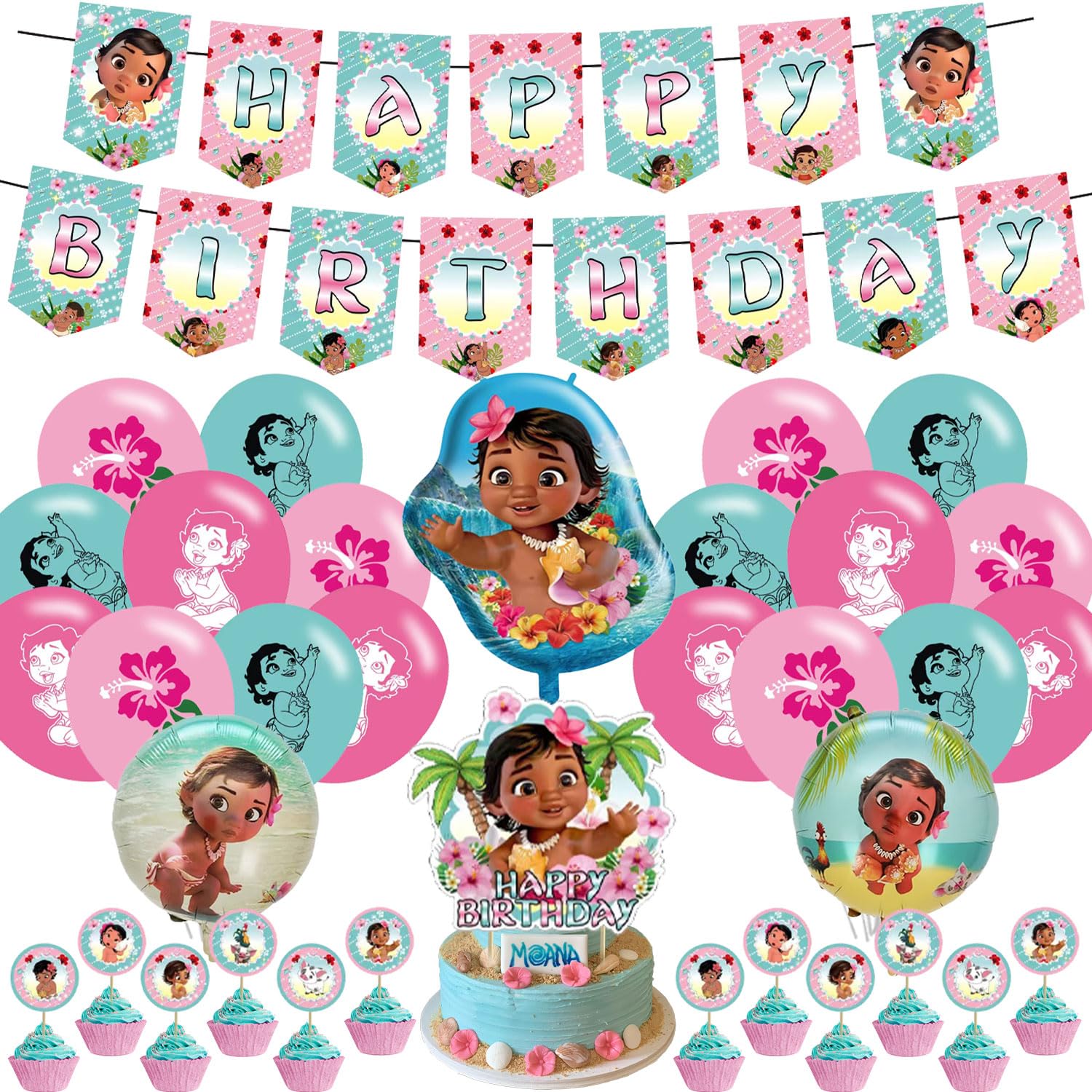 Generic Baby Moana Birthday Party Decorations, Moana Princess Theme Party Supplies set with Banner, Cake Cupcake Toppers, Foil Balloons for Kids Girls Fans Birthday Baby Shower Decorations