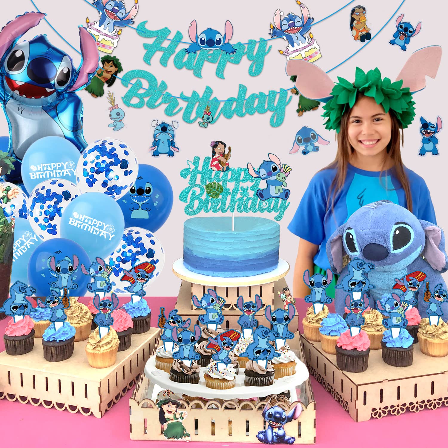 Blue Party Decorations- Cartoon Theme Party Supplies with Banner, Cake Cupcake Toppers, Balloons, Hanging Swirls for Boys Girls Kids Happy Birthday Party Decorations