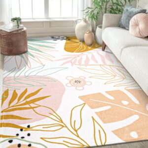 yamaziot washable area rug 5x7 non-slip pink boho rug for bedroom cute soft throw kids nursery rug, low pile abstract plant print soft floor carpet for bedroom nursery classroom living room