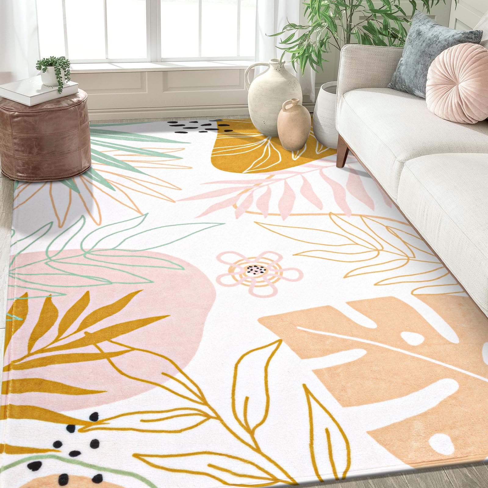 Yamaziot Washable Area Rug 5x7 Non-Slip Pink Boho Rug for Bedroom Cute Soft Throw Kids Nursery Rug, Low Pile Abstract Plant Print Soft Floor Carpet for Bedroom Nursery Classroom Living Room