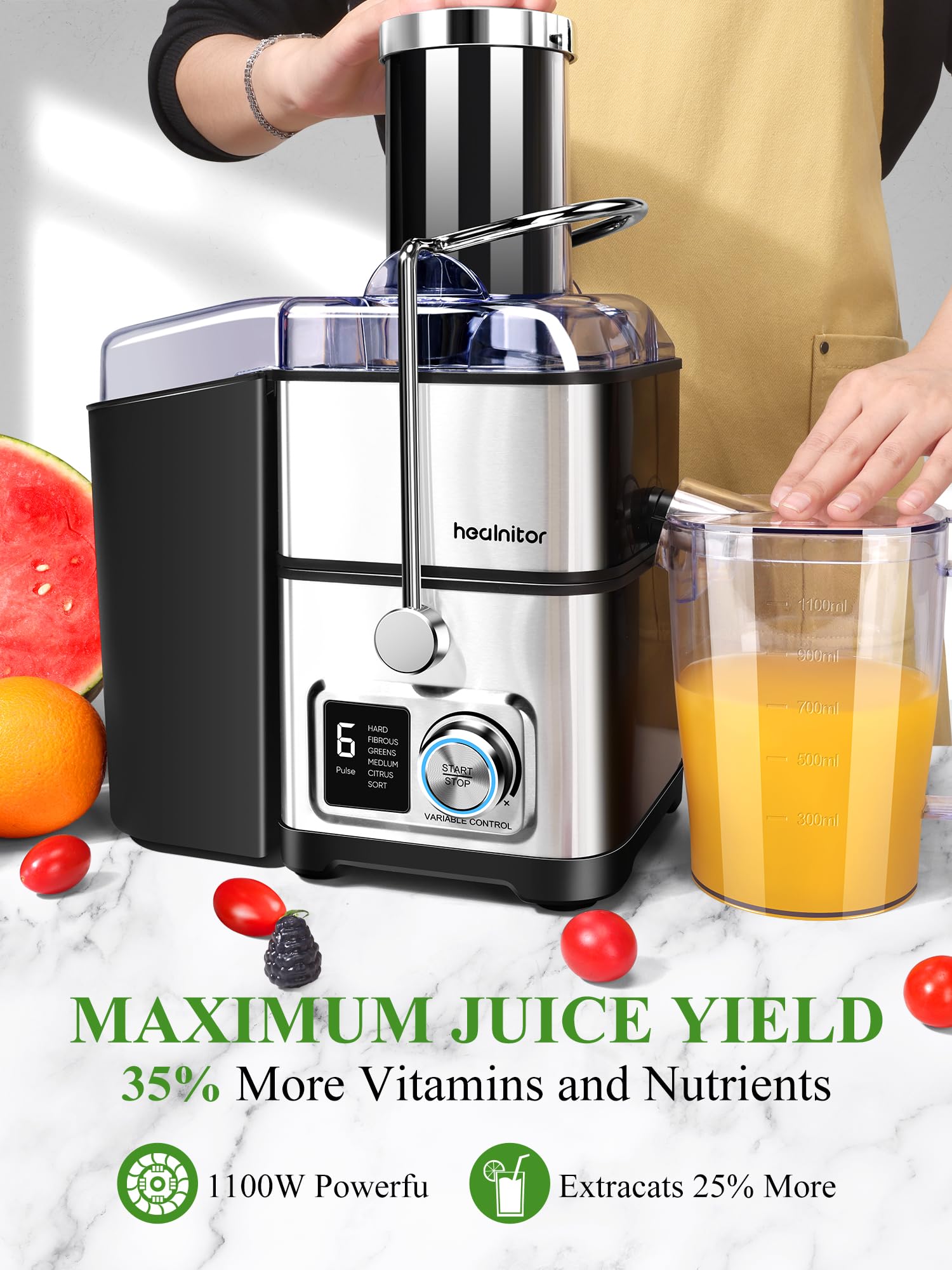 1100W 6-SPEED Digital Screen Centrifugal Juicer Machines Vegetable and Fruit, Healnitor Juice Extractor with 3.5" Big Wide Chute, Easy Clean, Anti-Drip Function, BPA-Free, Silver