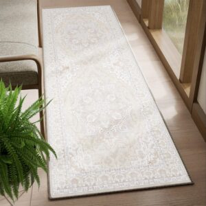 CAPALOCA Area Rug 8x10 Boho Area Rugs Print Machine Washable Rug Vintage Distressed Stain Resistant Soft Carpet Rugs Non Slip Low Pile Water Repellent for Living Room Bedroom Cream/Beige