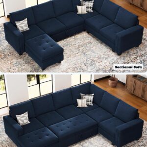 Belffin Modular Sectional Sleeper Sofa with Pull Out Bed U Shaped Sectional Sofa Couch with Storage Ottoman Velvet Covertible 7-Seater Sofa for Living Room Blue