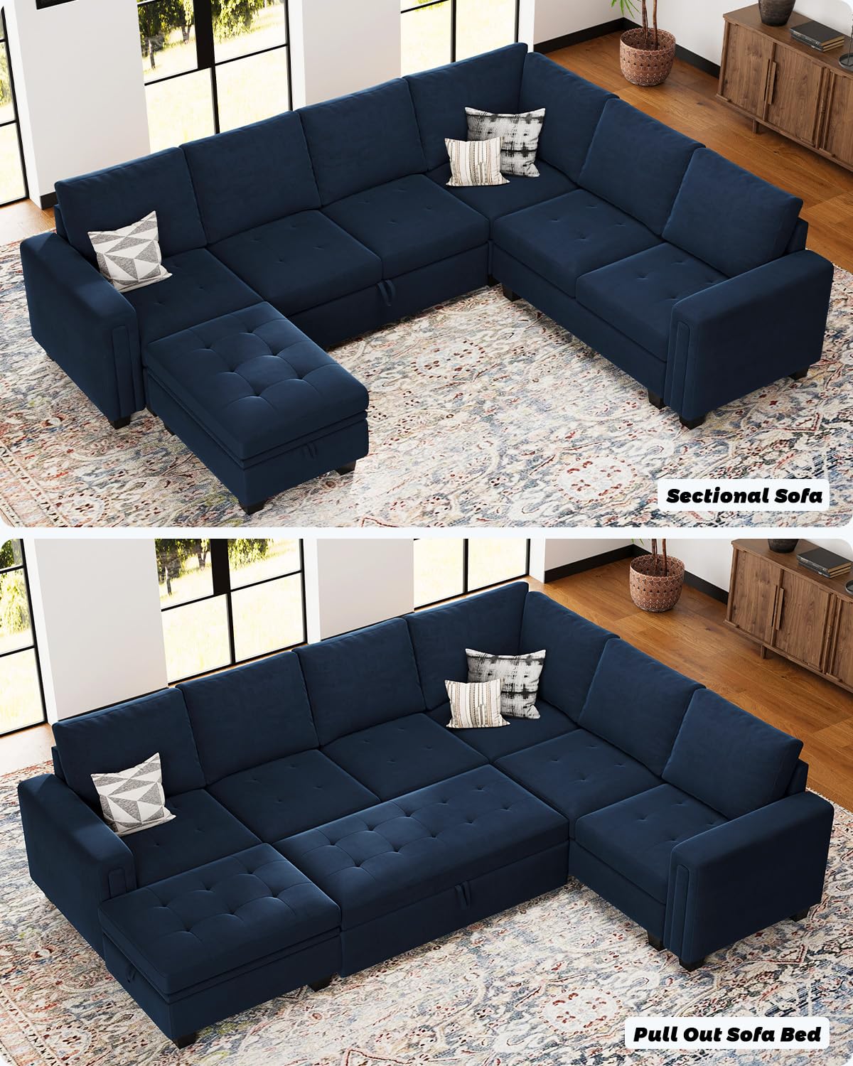 Belffin Modular Sectional Sleeper Sofa with Pull Out Bed U Shaped Sectional Sofa Couch with Storage Ottoman Velvet Covertible 7-Seater Sofa for Living Room Blue